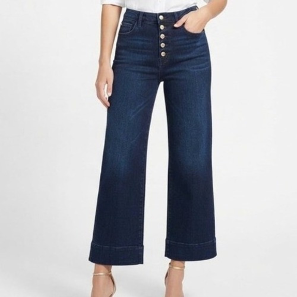 Guess Crop Jeans 28 Blue High Rise Button Fly Wide Leg Casual Stretch Denim